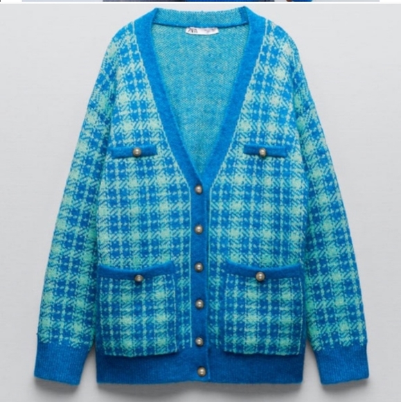 Zara * Plaid Knit Long Cardigan Jacket Blue - Picture 14 of 14